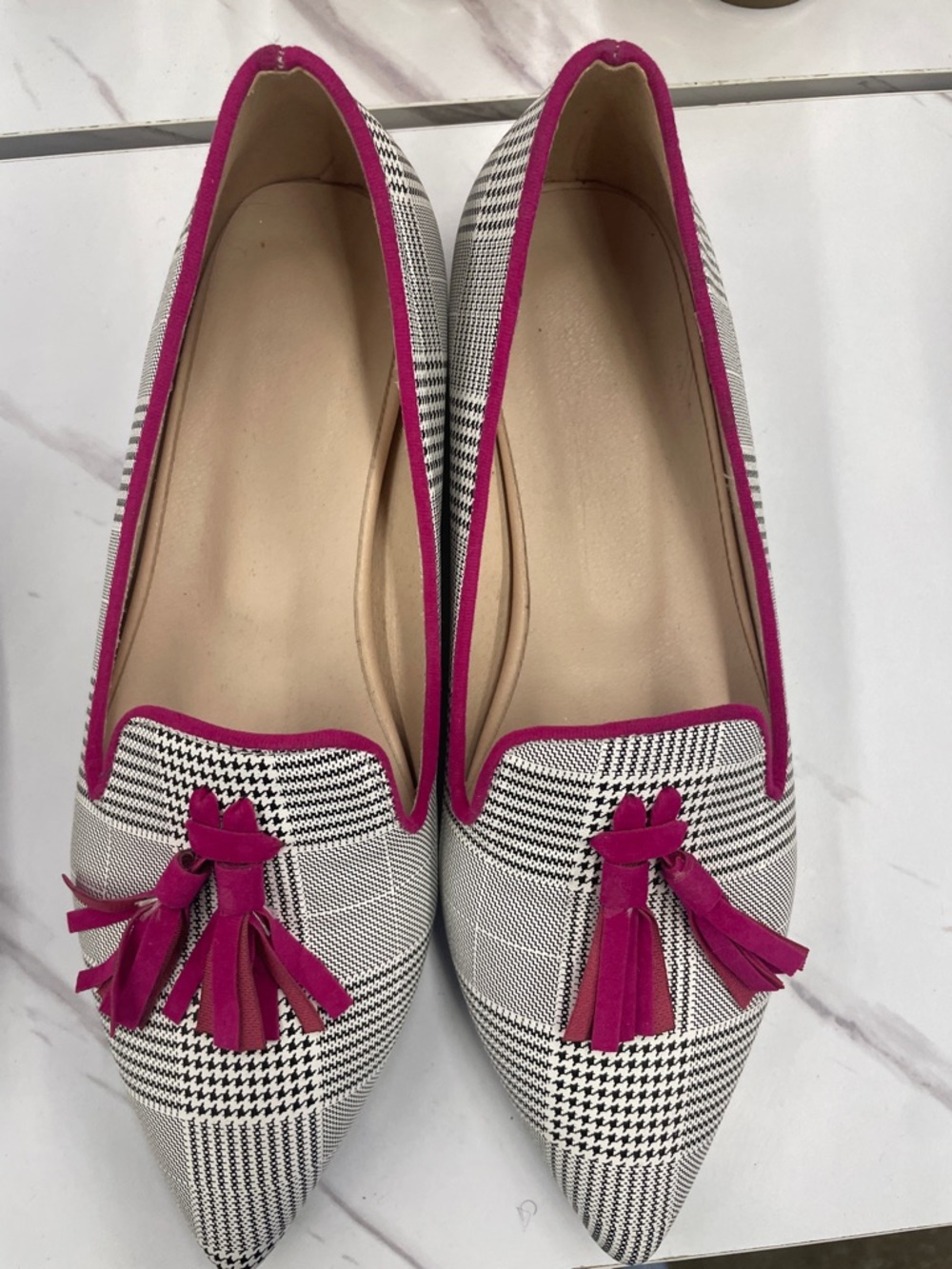 Pointed Plaid Tassel Flats in Fuchsia Trim